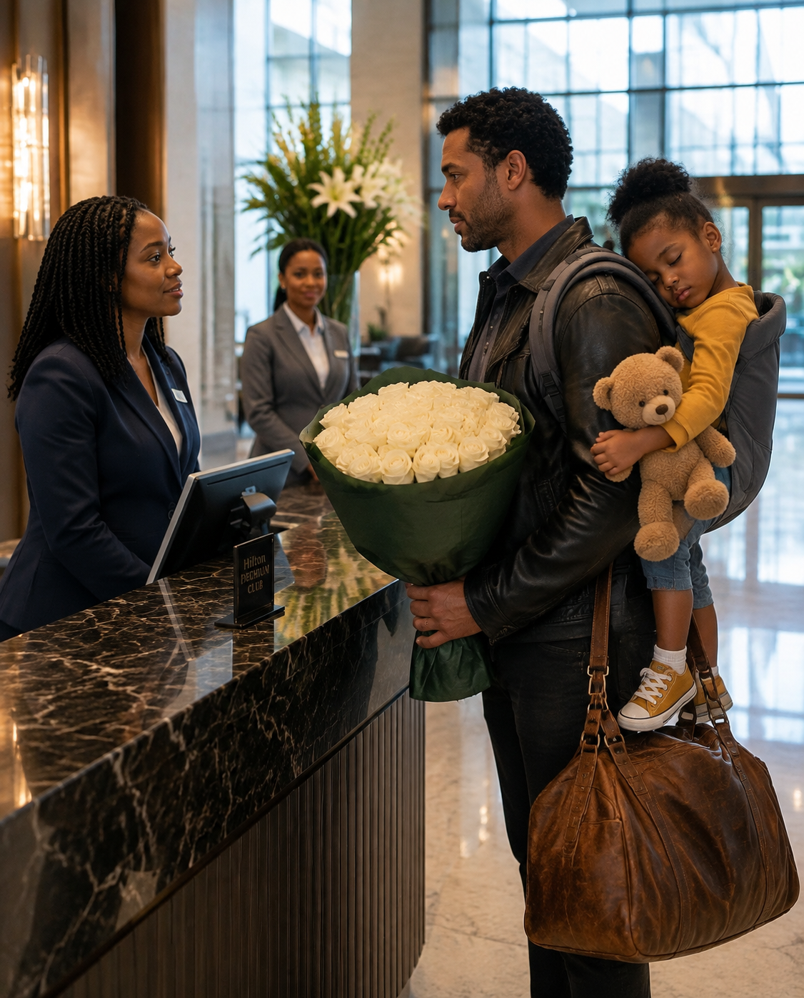 A widowed father was turned away at his own hotel with his sleeping daughter in his arms… but by the time the staff realized who he truly was, it was already too late.
