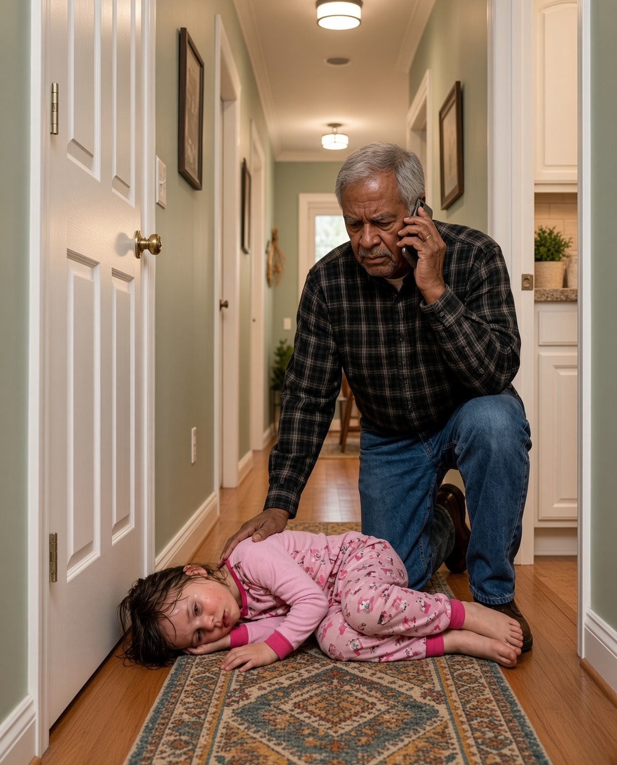 At exactly 1:58 a.m., my 8-year-old granddaughter called me whispering that she felt burning hot — and when I broke into my son’s empty house, I found her dr:ugg:ed on the hallway floor, her brother locked inside a closet, and a note on the counter warning me not to believe her about it.