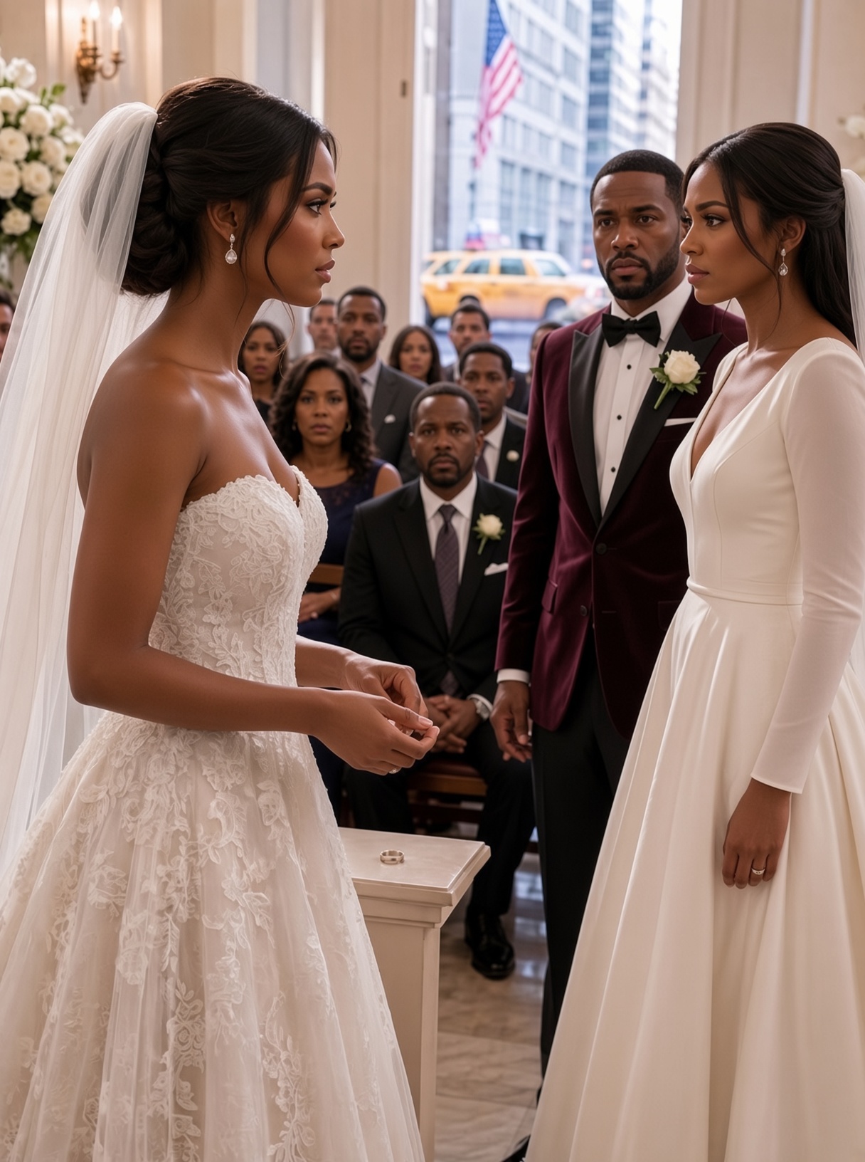 “Let me have him—I’m pregnant,” my sister announced as she walked down the aisle at my wedding in a dress nearly identical to mine, expecting me to fall apart, but instead I looked toward the billionaire