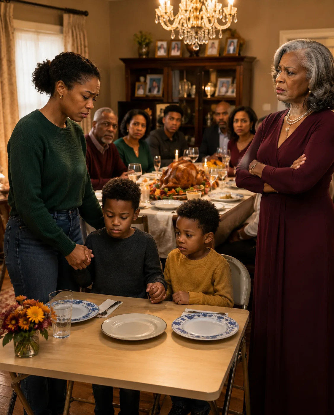 At Thanksgiving, my mother pointed to a tiny folding table in the corner and said, **“That’s where the poor relatives sit.”**