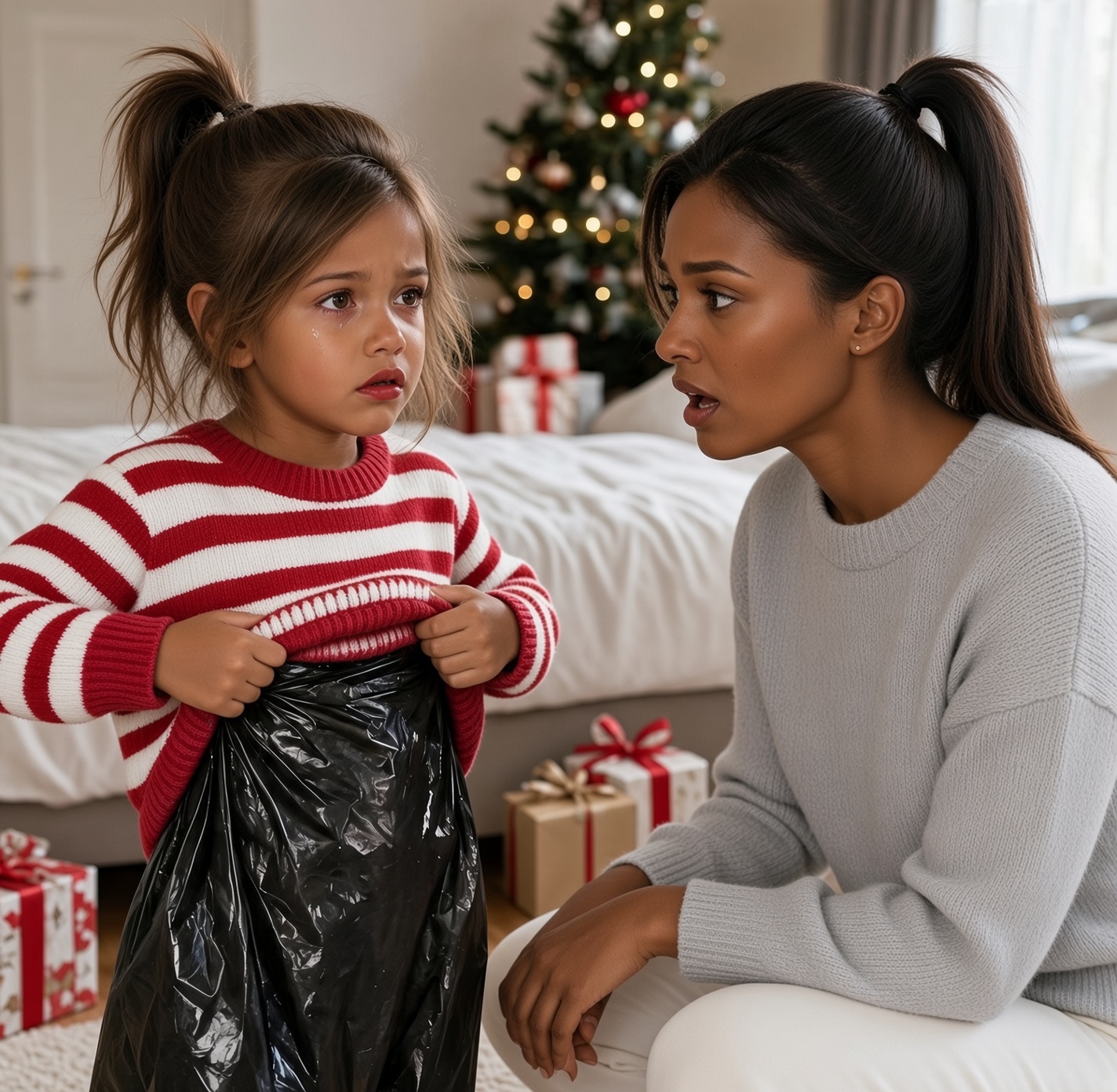 After Christmas, my 6-year-old daughter came home from her grandmother’s house and whispered, “Mommy, I promised I wouldn’t tell.” When she lifted her shirt, I saw belt marks across her back—and a black bag hidden beneath her clothes. I quietly saved the evidence and confronted her grandmother with my phone recording. Then my daughter revealed what my husband had done… and suddenly, I understood why they had begged her to keep silent.