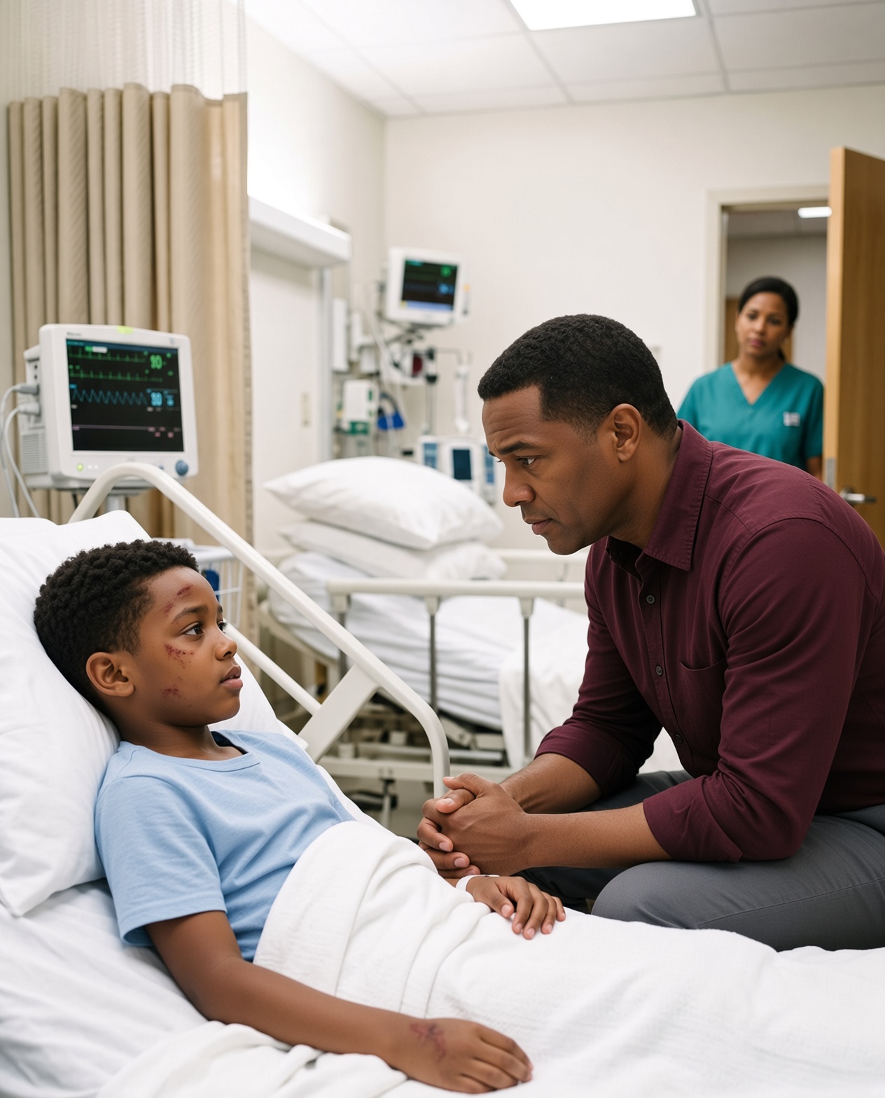 My eight-year-old son lay fri:ghtened in a hospital bed after being restrai:ned by three adults while his own grandfather hurt him. When I reached his side, he gripped my hand and whispered, “Daddy… Grandpa said you weren’t coming.” They assumed I was an ordinary suburban father with no way to defend his family, unaware of the life I had walked away from—or the promise I was now prepared to break.