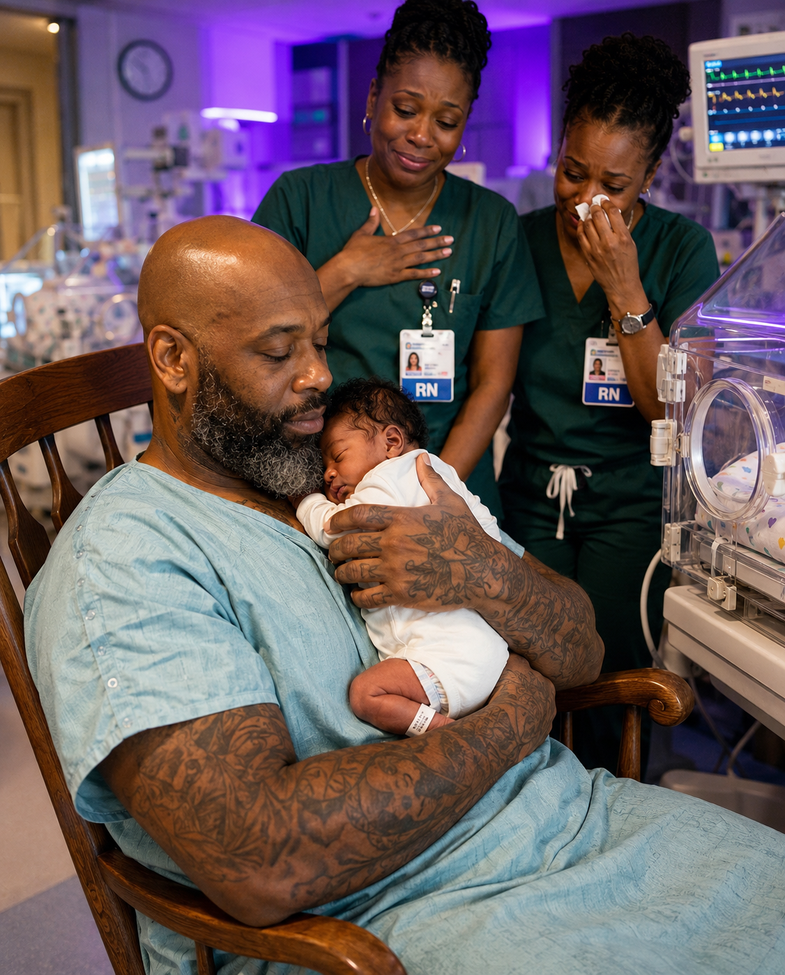 The entire NICU fell silent when a massive tattooed biker asked to hold the newborn no one had ever visited. But after he remained in the same chair for 12 hours, the nurses noticed something on his wrist that revealed a devastating secret.