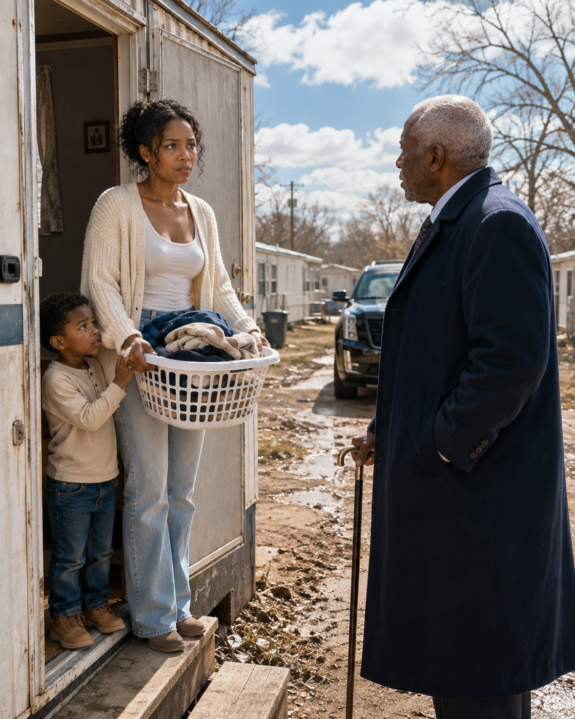 "My Grandfather Stood Outside the Rusting Trailer Where My Son and I Had Been Living for Two Years and Quietly Asked, 'What Happened to the Twenty-Eight-Million-Dollar Estate I Bought for You?' That Was the Moment I Learned My Husband Had Never Been Poor—He Had Simply Stolen the Life That Was Always Ours."