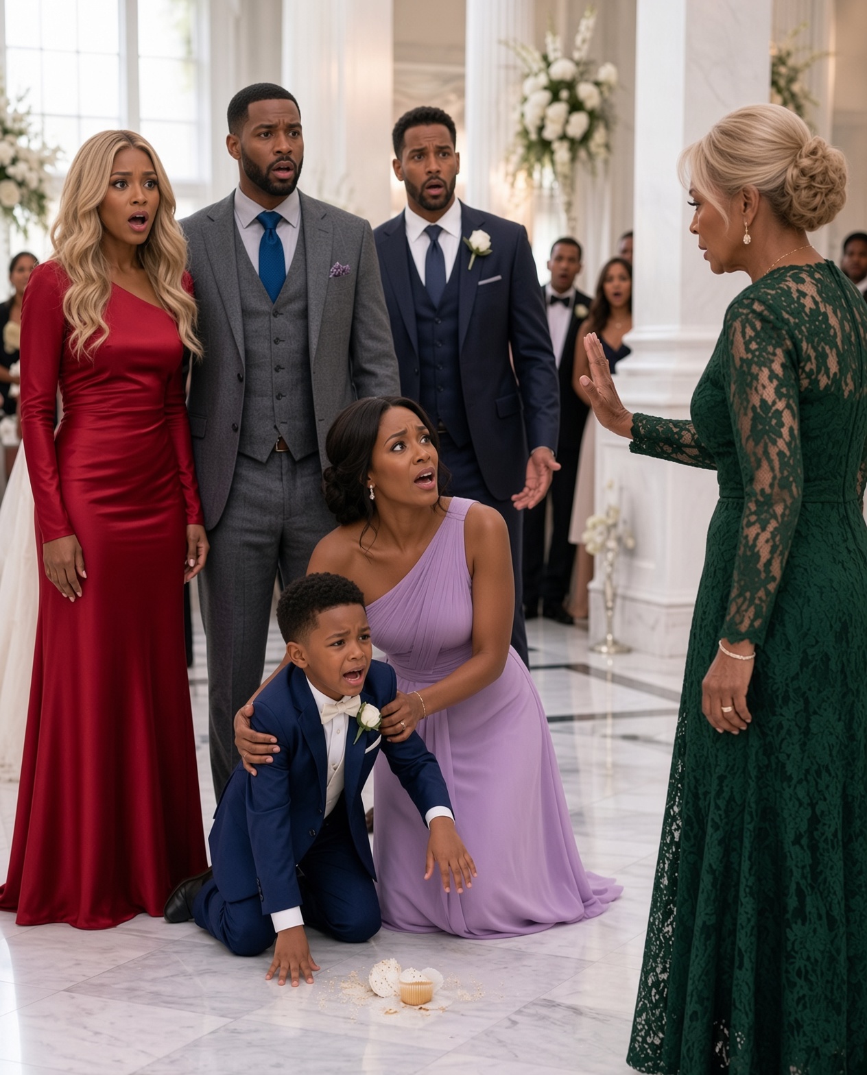 At my sister-in-law’s wedding, my hungry five-year-old accepted a cupcake that a waitress kindly offered him. His grandmother reacted so h@rshly that he ended up on the floor, while my husband quietly said, “We’ll talk later.” As I cleaned the scrapes on his knees and pulled out the invoices for the estate, I had no idea my little boy had overheard a conversation that would bring the entire wedding to a standstill before the night was over.