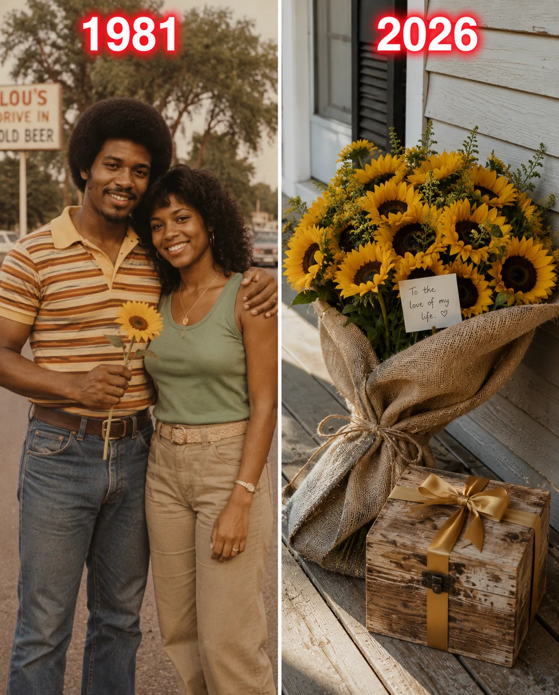 At 15, my childhood sweetheart promised me 60 sunflowers on my 60th birthday — he passed away that year, but 45 years later, they appeared on my porch with a box that made me shake.