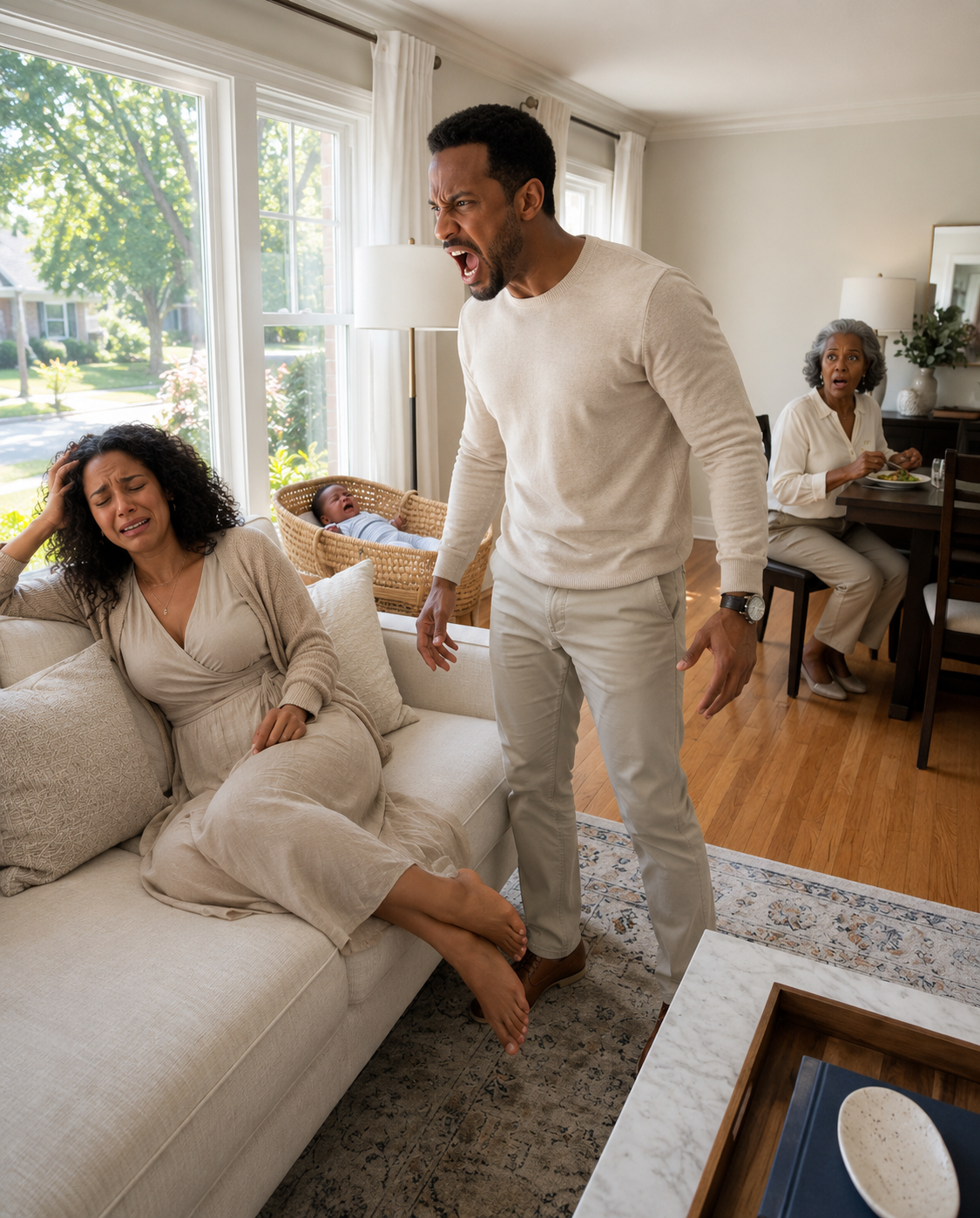 I came home early and found my wife unconscious on the sofa while our baby screamed beside her. My mother sat nearby, calmly eating the meal she had forced my wife to cook.