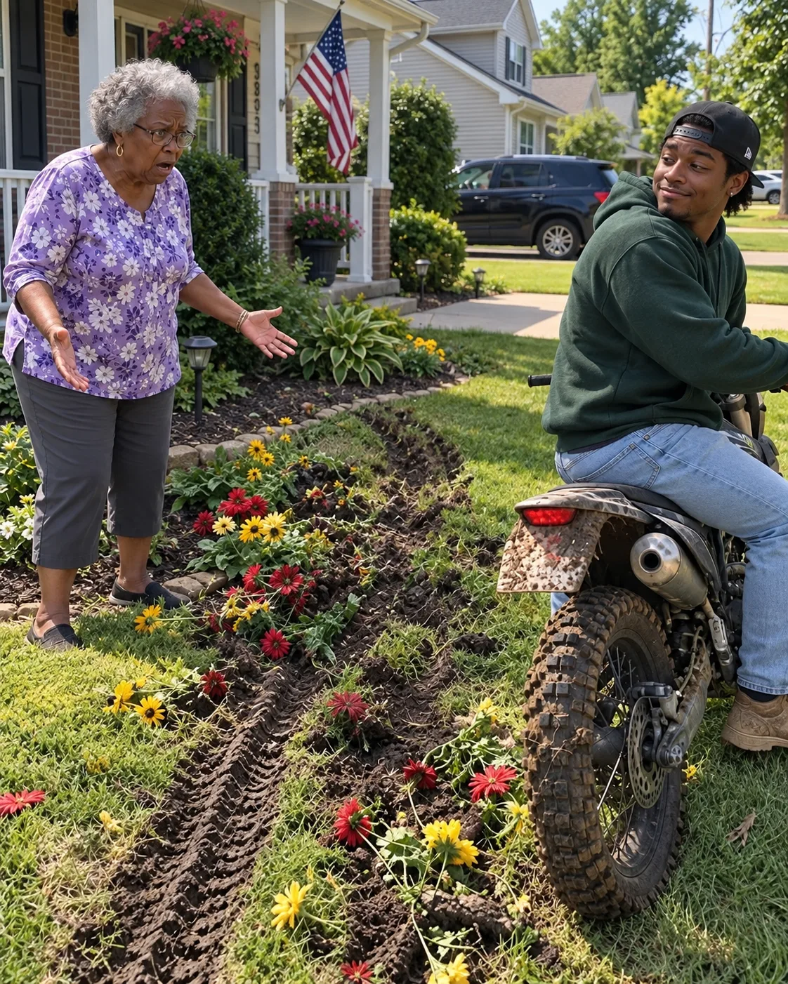 My Neighbor’s Son Destroyed My Late Husband’s Garden With His Motorcycle—The Next Morning, His Smirk Was Gone