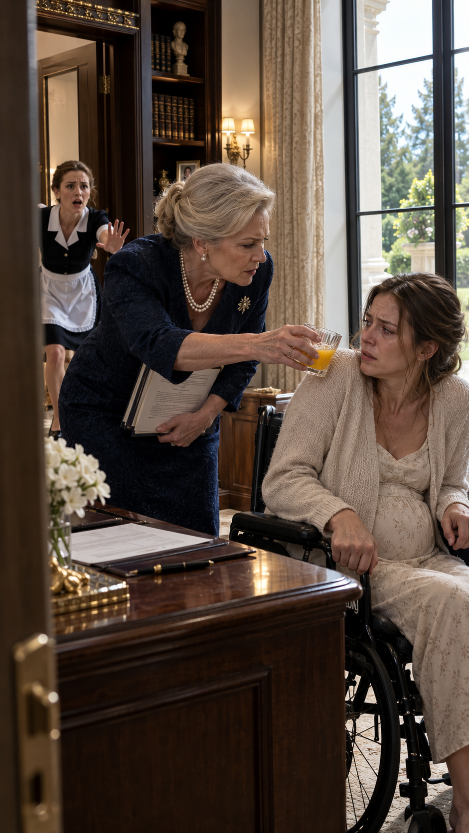 AVA'S TREMBLING HANDS HELD TIGHTLY TO HER WHEELCHAIR AS MARGARET PRESSED A GLASS OF ORANGE JUICE AGAINST HER LIPS.