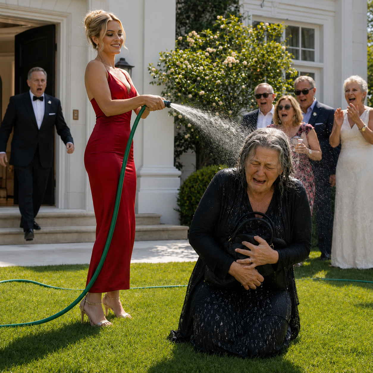 AT MY SON’S ENGAGEMENT PARTY, HIS FUTURE WIFE BLASTED ME WITH A GARDEN HOSE IN FRONT OF THIRTY GUESTS AND MOCKED, “PEOPLE LIKE YOU DON’T BELONG AT WEDDINGS LIKE OURS.” I CLUTCHED MY GROCERY BAG AGAINST MY CHEST, LETTING MY PHONE RECORD EVERYTHING WHILE I WAITED FOR THE MOMENT SHE DISCOVERED EXACTLY WHO SHE HAD CHOSEN TO HUMILIATE.