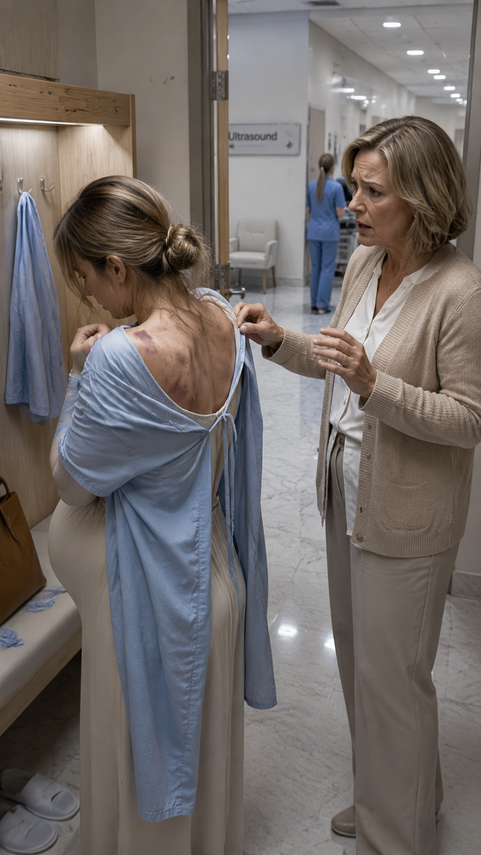 AT AN ELITE MATERNITY CLINIC, I WAS HELPING MY DAUGHTER GET CHANGED FOR HER FINAL ULTRASOUND BEFORE HER DUE DATE. The moment her blouse slipped from her shoulders, everything inside me stopped. Dark bruises, shaped like boot prints, covered her back and ribs. Trembling, she pulled the fabric over them and whispered, “Mom… please. He runs this hospital. He promised that if I ever leave him, I won’t survive the C-section.”