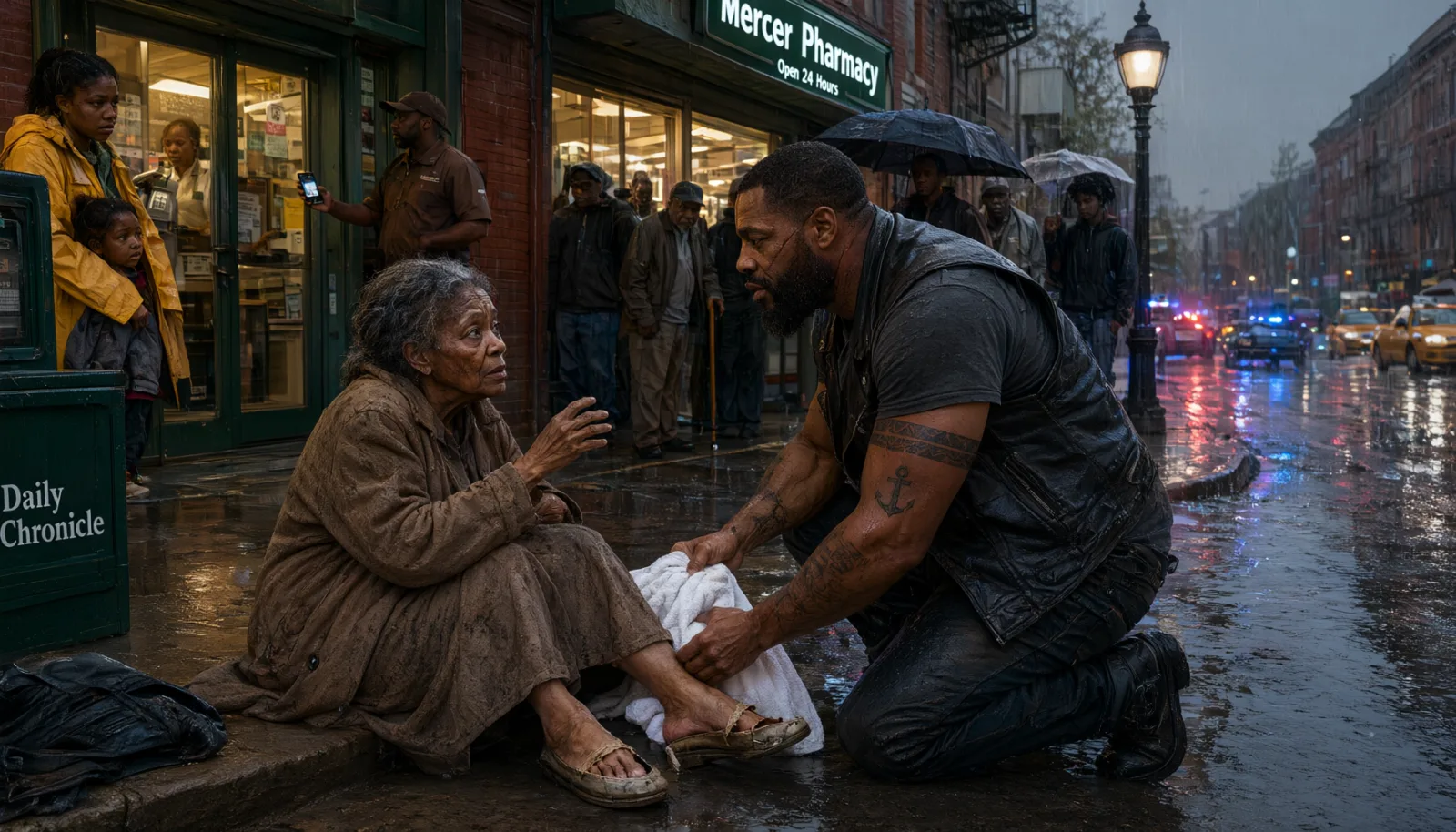 An Intimidating Biker Knelt in the Rain Beside a Homeless Woman