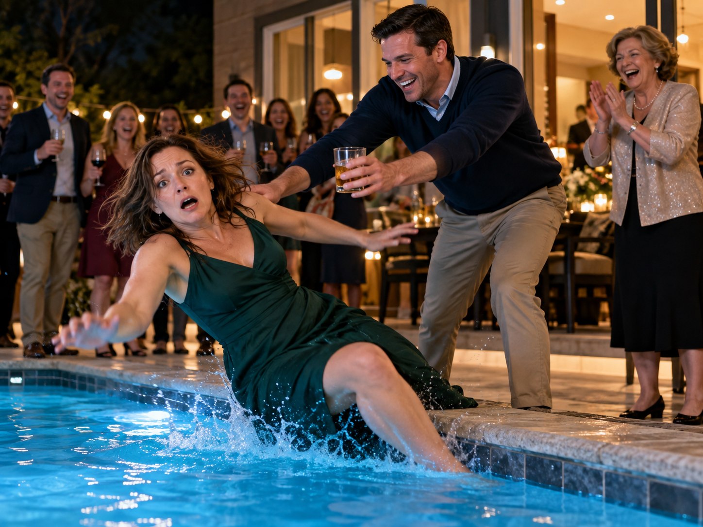 My husband shoved me into a freezing swimming pool in front of twenty-three members of his family, and his mother actually clapped. I hit the concrete edge hard enough to bruise my shoulder, went under in a heavy dress, and came back up with blood running from my nose. Ethan stood above me holding a glass of bourbon, laughing harder than anyone. What none of them seemed to remember was that I had paid for almost everything they were enjoying.