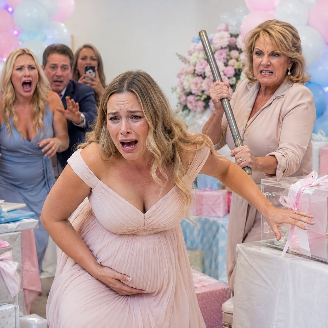 I was eight months pregnant, standing under pastel balloons, when my friends cheered, “For you—and the baby.” Someone whispered, “We raised $50,000 for your medical bills.” I was crying, laughing… until my mom’s eyes locked on the donation box. “Move,” she snapped, grabbing for it. “Mom, no—this isn’t yours!” Her smile vanished. She reached behind the table, yanked out a heavy iron rod from the decorations, and hissed, “You don’t deserve this.” Then—CRACK. The blow slammed into my belly. A hot, terrifying rush… my water broke instantly.