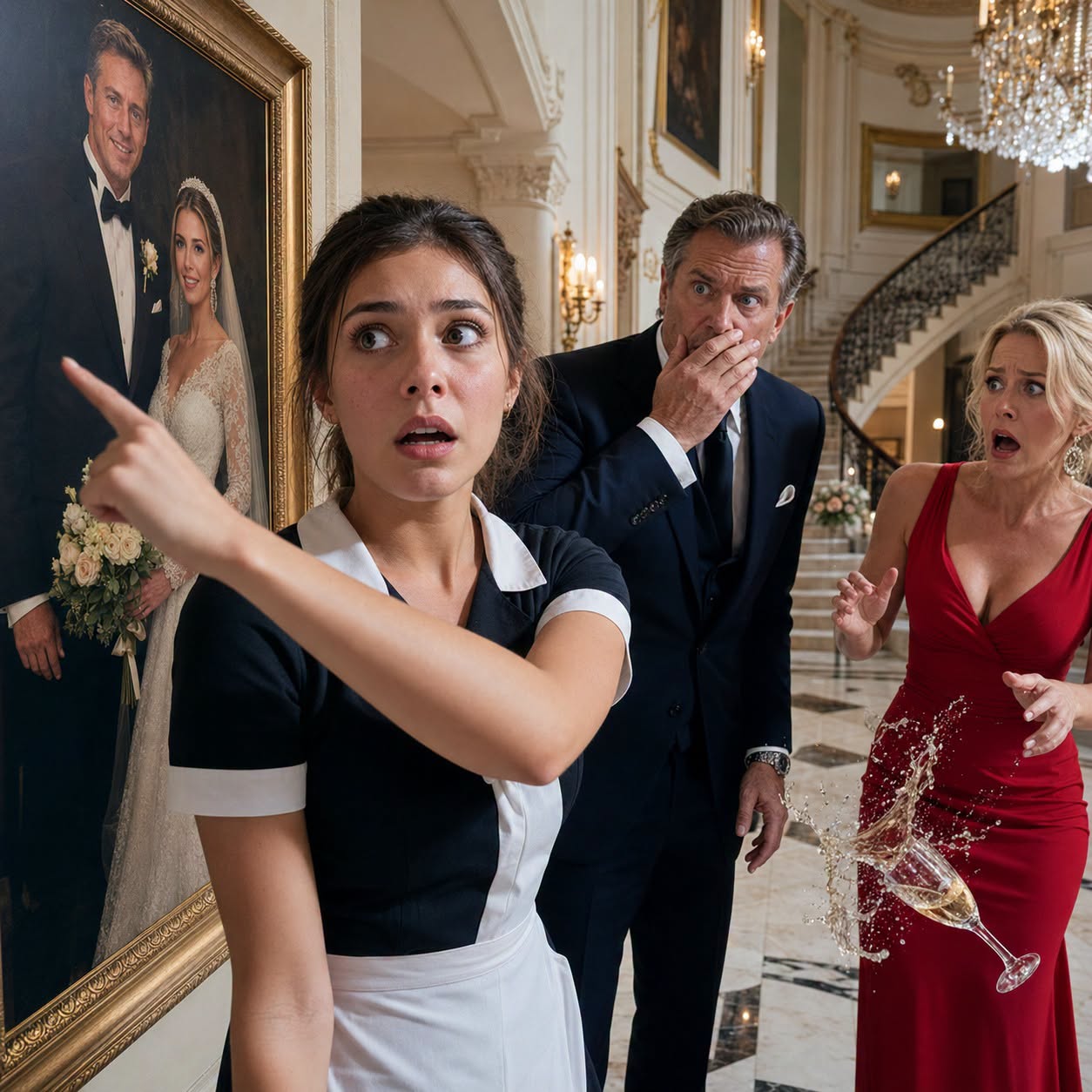 On my first night as a maid, I stood frozen beneath the portrait in the billionaire's hallway. "Why is my mother's picture here?" I asked. He was stunned. His wife dropped her champagne glass. By midnight, confidential files proved she had orchestrated my mother's disappearance. At dawn, she was handcuffed and led away – and I returned to the mansion as his biological daughter and sole heir.