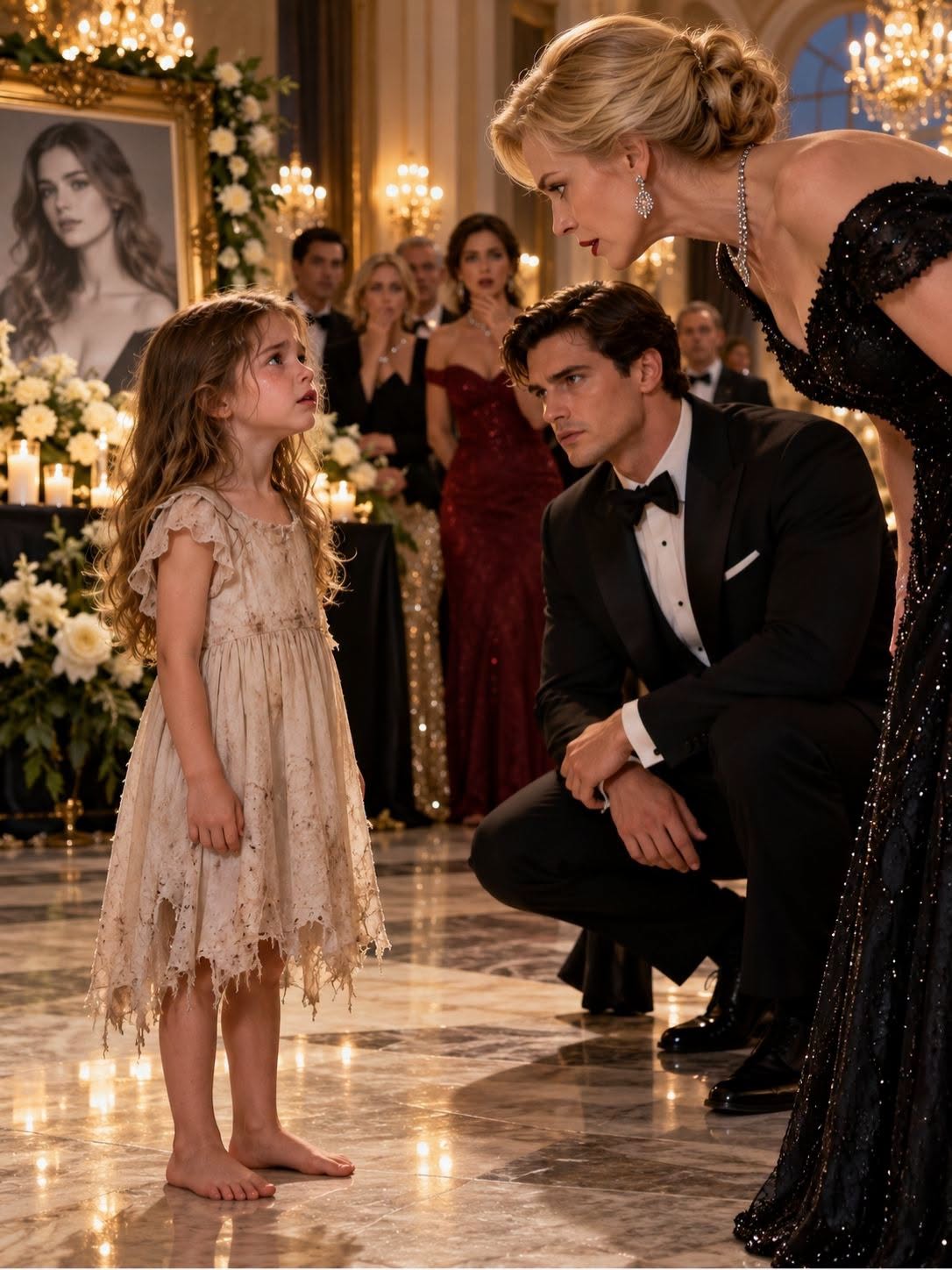 The music stopped in the middle of a waltz, and three hundred people in evening wear turned to look at a three-year-old standing barefoot on the marble floor. Her dress was torn at the shoulder. Her knees were black with dirt. In her fist she was crushing a strip of faded red flannel, the way a drowning child crushes a rope. I was halfway across the room, holding a glass of wine I never drank. I dropped it. She looked up at me with my own eyes and said a sentence that took the floor out from under my entire life. Everyone who mattered in this city was standing in that ballroom, and every one of them was listening. I had spent three years believing my wife took my daughter and vanished. I was about to learn that the person who raised me had buried me alive.