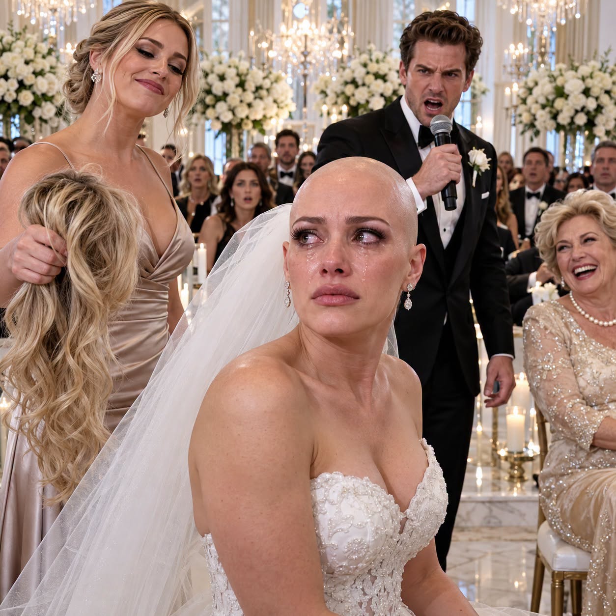 DURING OUR WEDDING VOWS MY SISTER-IN-LAW RIPPED OFF MY WIG "NOW MY BROTHER CAN SEE THE BALD CANCER PATIENT HE'S MARRYING" MY MOTHER-IN-LAW LAUGHED. I FROZE IN FRONT OF EVERYONE... UNTIL MY HUSBAND TOOK THE MICROPHONE