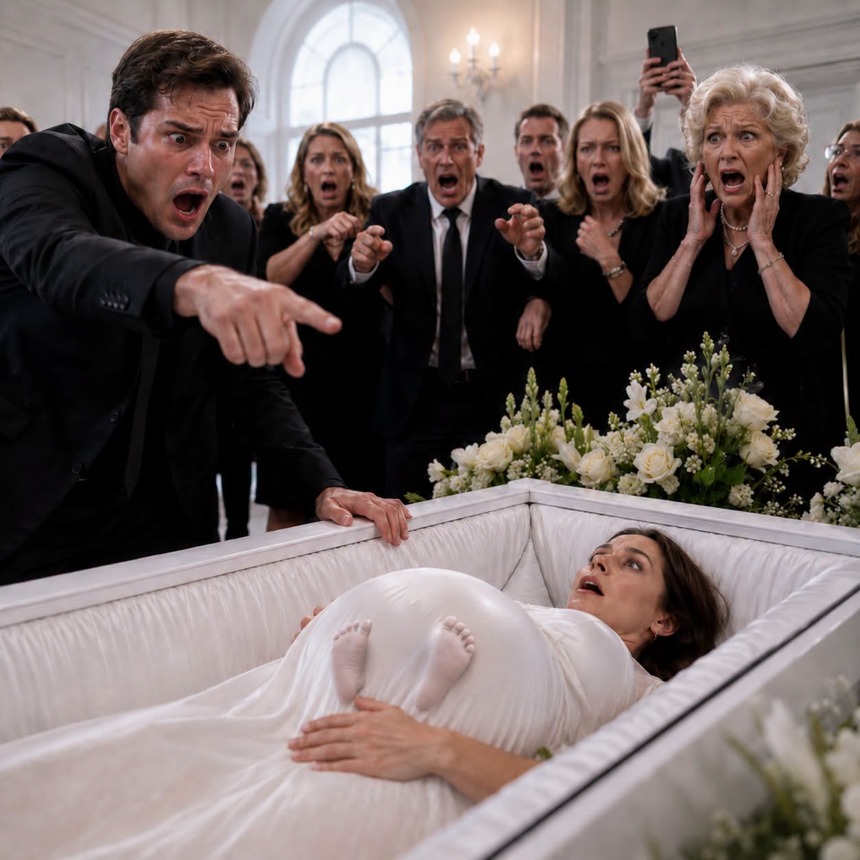 I stood by her coffin, hands shaking, trying to be a “strong husband” while my unborn child slept inside her. “Just… let me see her one last time,” I whispered. The room went silent as I leaned in—and her belly shifted. Not a shadow. Not my grief. A real movement. “Did you see that?” I gasped. Someone screamed, “Call the doctors—NOW!