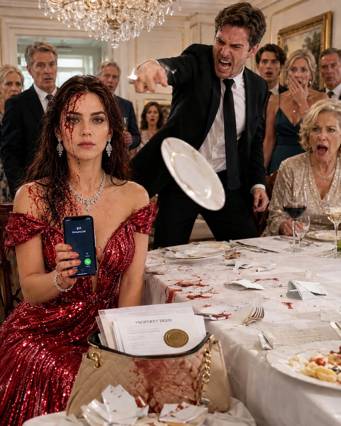 My husband smashed a dinner plate against my head in front of twenty relatives because I refused to hand his mother my apartment and pay her $1,200 a month. But when I called the police, he noticed something beside my bloodstained handbag—and suddenly, the man who had been screaming at me looked terrified.