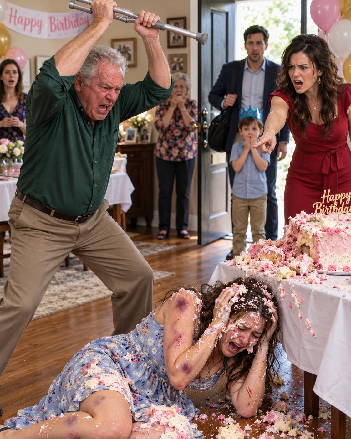 My sister-in-law shoved me into my nephew’s birthday cake, then told the entire room I had ruined his party. But the humiliation wasn’t what broke me. It was watching my own father take the crutch I needed to stand, let me collapse in front of my family, and demand that I apologize, until the one person Rachel never expected walked through the front door.