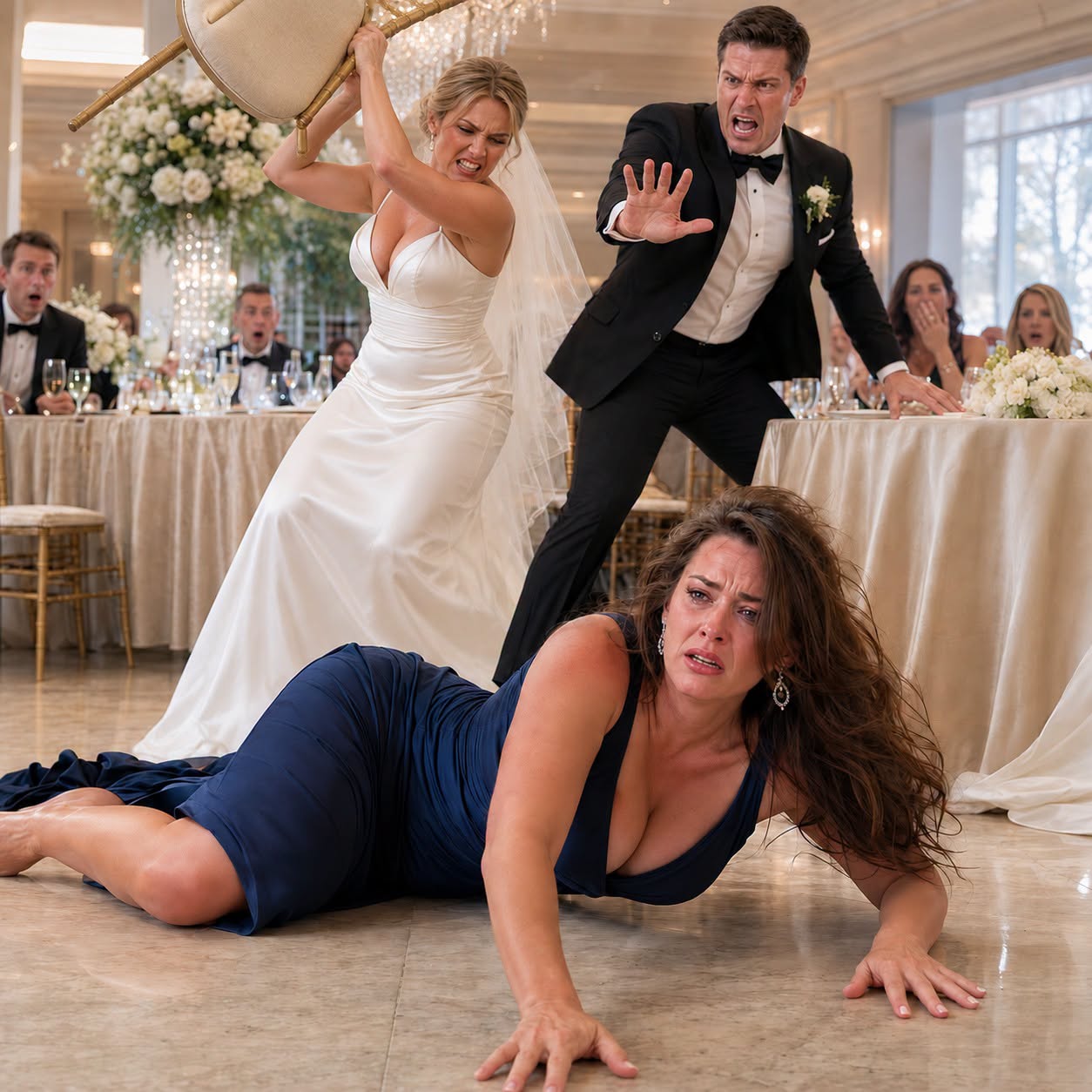 “You don’t belong at the family table,” my sister sneered before yanking my chair away. I crashed to the floor in front of 200 wedding guests as laughter rippled through the room. Then her groom shot to his feet. “That’s enough!” He stared at her, pale with fury. “Do you really want me to tell everyone the truth?” My sister froze—and when he reached for the microphone, I realized her perfect wedding was about to become something else entirely.