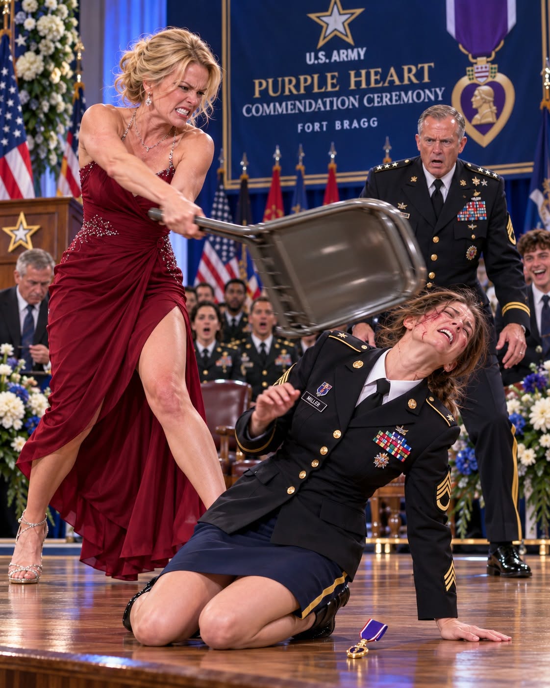 My stepmother stormed the stage during my Purple Heart ceremony and smashed a steel chair across my arm, breaking it in front of 300 soldiers and veterans. “You’re still trash in a costume!” she screamed while my father stared at the floor and my stepbrother laughed. They thought they were humiliating the same helpless girl they had tormented for twenty years, until a three-star general stepped between us and told the entire room who I really was.