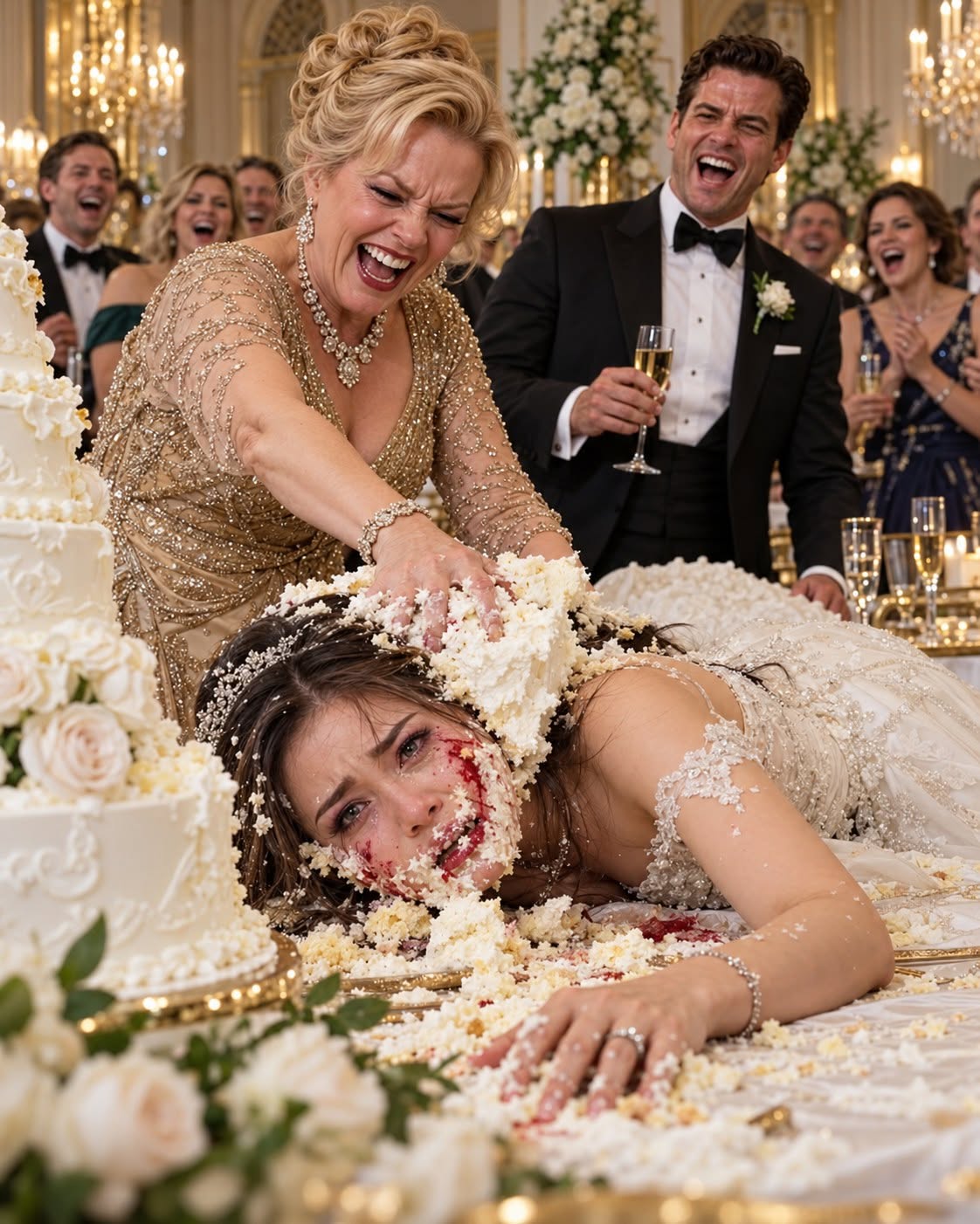 My mother-in-law slammed my face into our six-tier wedding cake so hard that a wooden support rod sliced open my cheek, and while blood poured down my $30,000 wedding gown in front of 256 elite guests, my new husband raised his champagne glass and laughed. “It’s a family tradition! Bleeding means good luck for the groom!” What none of them knew was that the “poor” parents they had mocked for years had secretly wired $2 million just three hours earlier to save his company from collapse.