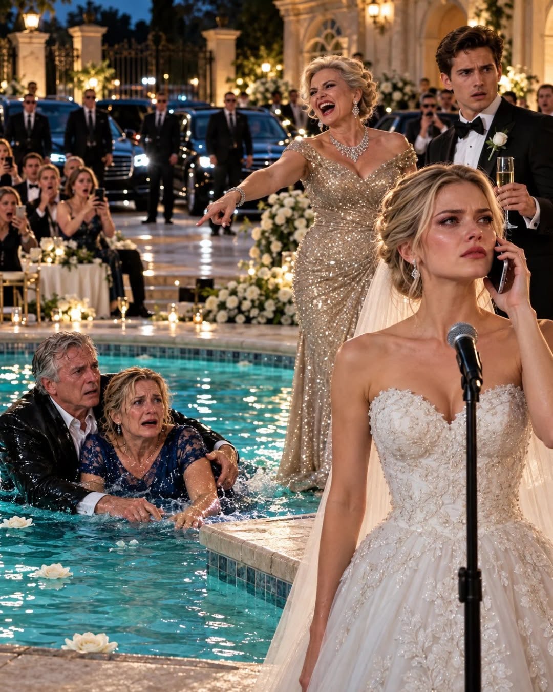 At my wedding, my future mother-in-law stared at my parents with open contempt. “I have never seen such a poor and pitiful family,” she said. Then, in front of hundreds of guests, she shoved them into the swimming pool and laughed. “Perhaps the water will wash away the smell of poverty.” My fiancé did not move. He did not defend them. He did not even put down his champagne.