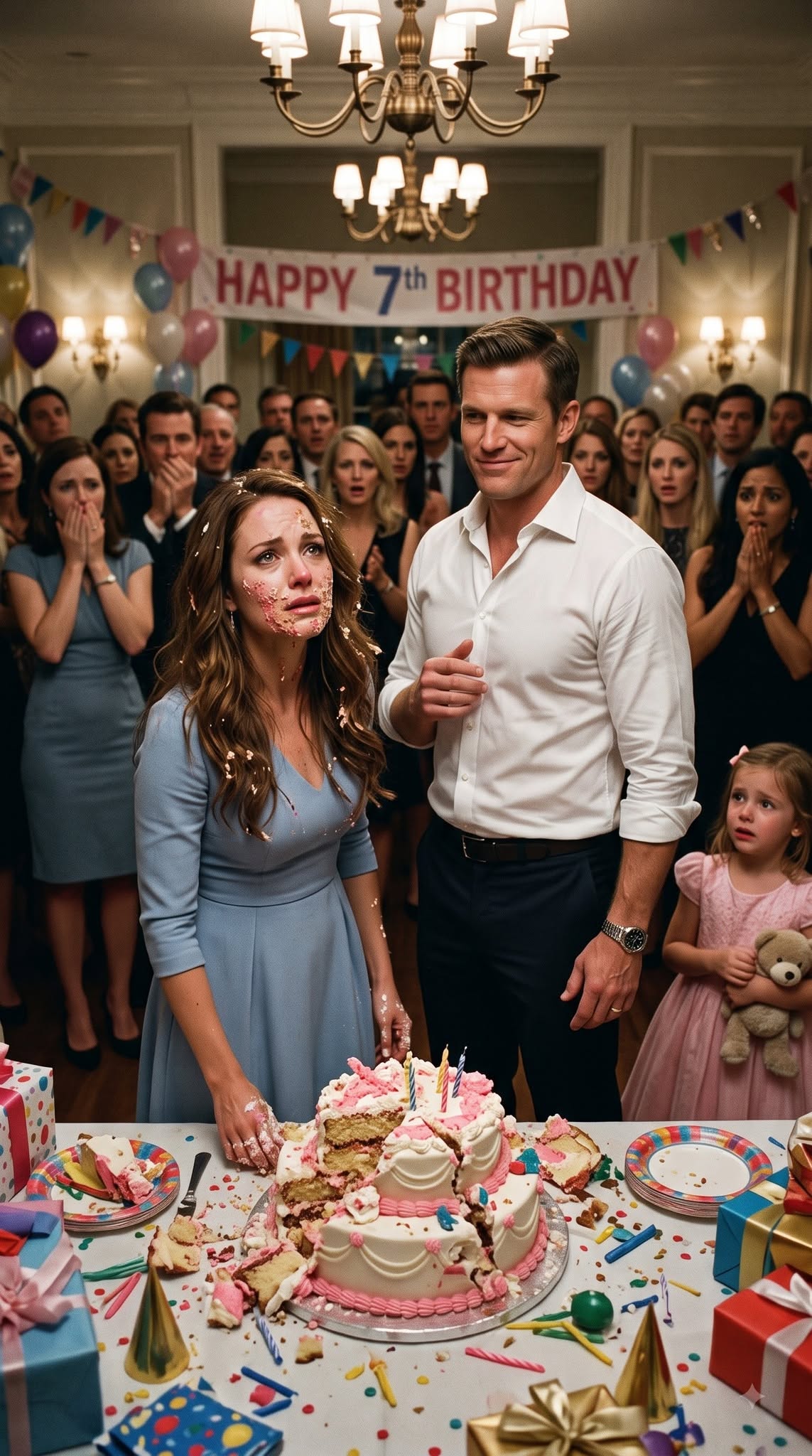 At our daughter's birthday party, my husband humiliated me by smashing my face into her cake while 47 guests watched. His mother laughed, and my little girl cried. They thought I was a penniless woman with nowhere to go. But my billionaire grandfather was already on his way.