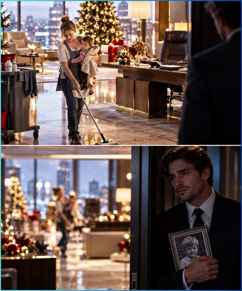 She cleaned the CEO’s office on Christmas Eve with her baby, unaware the man watching in the dark had already lost a child of his own