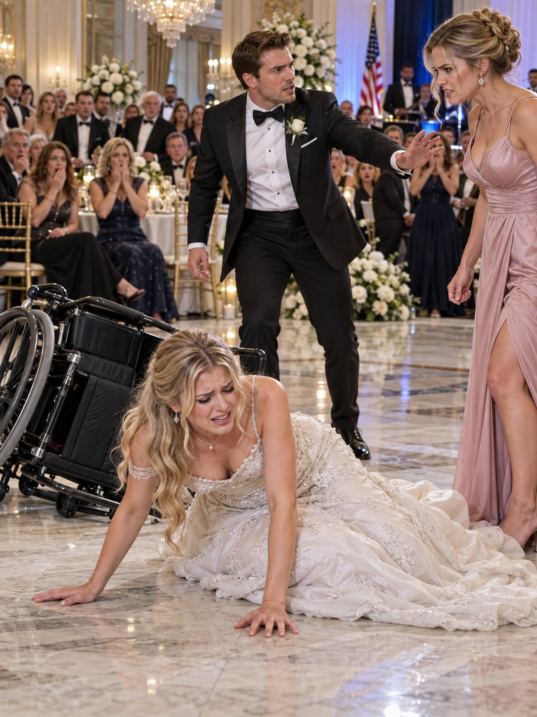 “Quit pretending you’re hurt,” my sister snapped, then yanked me out of my wheelchair in front of 200 wedding guests. My knees buckled, my shoulder slammed the floor, and the ballroom went dead silent. She called it “helping.” Then her groom stepped forward and said, “I heard her tell you to stop.” What he revealed next ended the wedding instantly....
