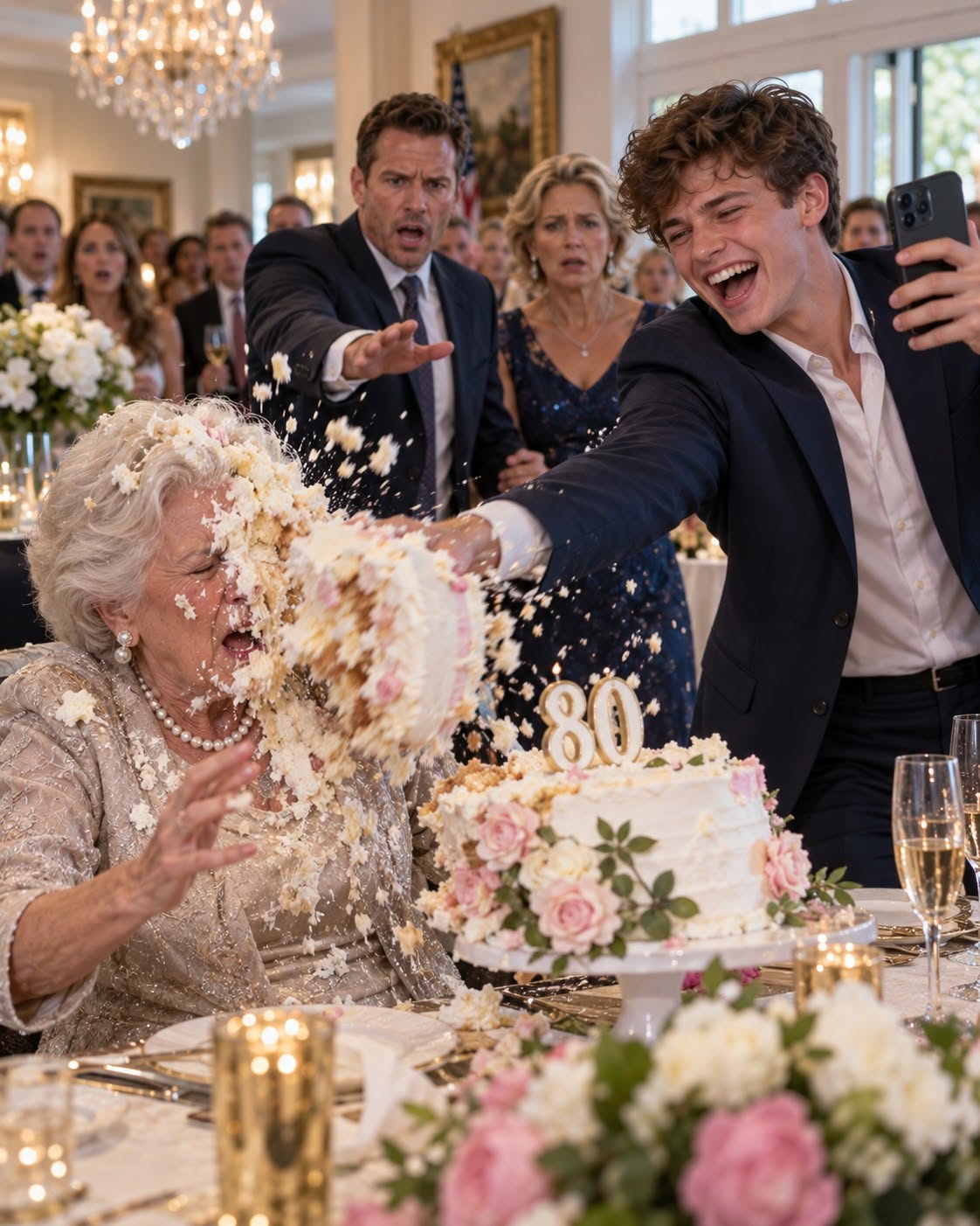My grandson blew up my birthday cake in my face on my 80th birthday and laughed while he filmed it. Frosting covered my hair and dress while nearly seventy guests stared at me. When I told him his monthly allowance was over, my son stepped in front of him and said, “Mom, he’s just a kid.” What none of them seemed to remember was that the mansion they already talked about as their future still belonged entirely to me.