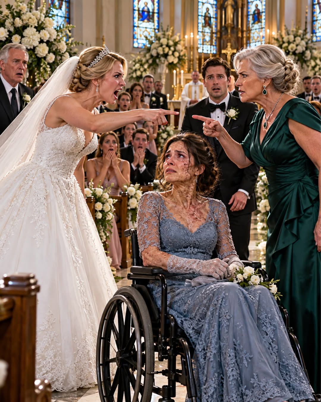 I was burned all over my body after saving my little sister from a house fire when she was ten. Years later, I came to her wedding in a wheelchair, and she whispered, “Go sit in the back. You’re ruining my perfect wedding.” Then the groom’s mother stood up and said five words that froze everyone.