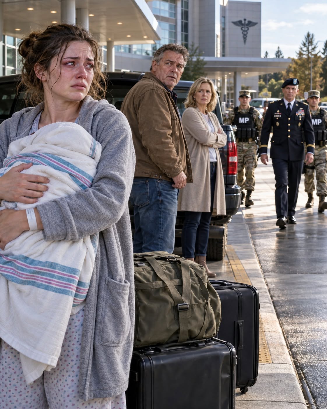 Six days after my husband was killed in combat, my parents dumped me and my newborn outside a military hospital and told me to “figure it out”—twenty minutes after one phone call, my father stopped laughing when two MPs walked toward his truck.