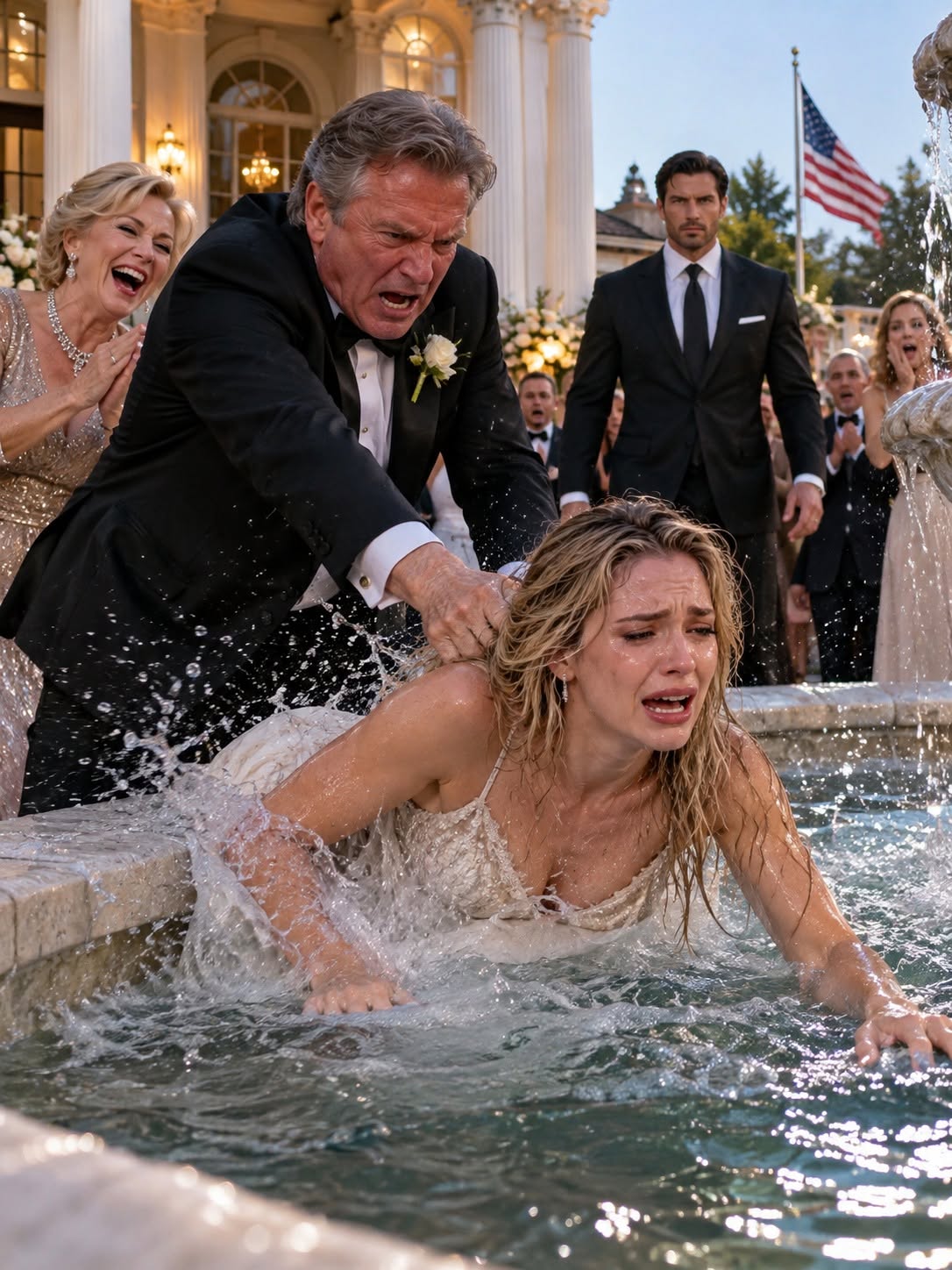 “Single moms belong in the gutter!” my father shouted before shoving my daughter and me into the wedding fountain. Ice-cold water soaked her hair as she sobbed; wedding guests clapped, and my mother laughed openly beneath the chandeliers. I clutched my trembling child, my dress plastered to my skin. Two minutes later, my billionaire husband arrived—and the applause died....