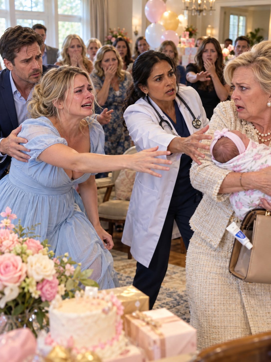 Seven days after giving birth, I went to my mother-in-law's “grandmother shower,” where she took my newborn from my arms and told forty guests I didn't know how to hold her. My husband defended her while I begged for my daughter back. Then our pediatrician noticed something wrong with my baby's color, demanded Judith hand her over, and asked one question about what happened in the kitchen that made my husband look away...