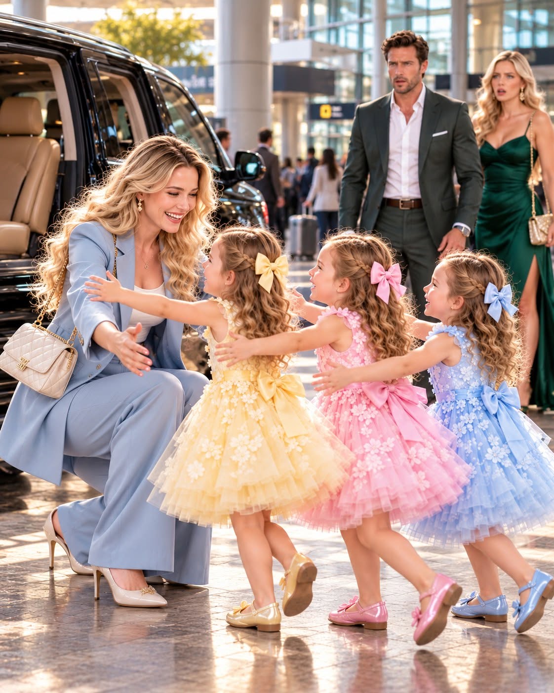 Five Years After Our Divorce, My Wealthy Ex-Husband Ended Up in the First-Class Seat Beside Me, Wearing That Familiar Smirk Because He Was Certain I Had Been Left With Nothing. He Thought I Was Still Alone—and That Walking Away From Him Had Been the Biggest Mistake of My Life. Then We Landed, and Three 4-Year-Old Girls Jumped Out of a Black SUV and Raced Straight Into My Arms, Calling, “Mommy!” My Ex Stopped Cold. He Looked at Their Faces, Asked Their Ages… and Suddenly Went Silent as the Numbers Began to Make Sense