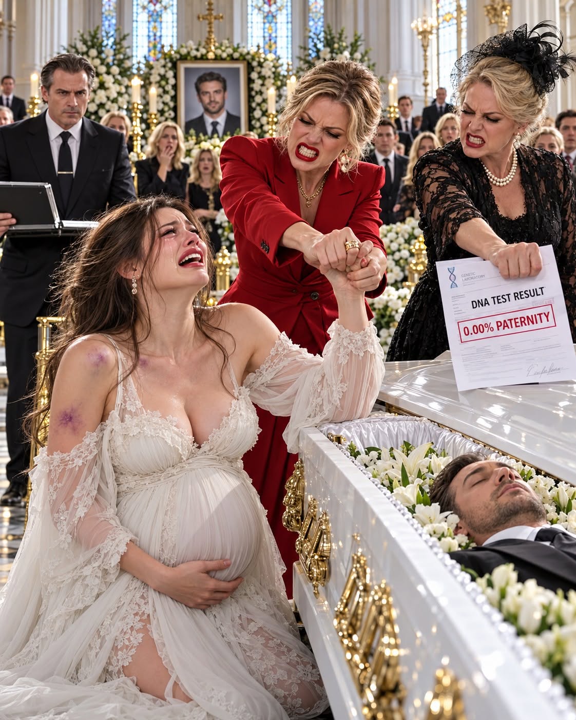 At my husband's funeral, my mother-in-law slammed a DNA test showing **0.00% paternity** onto his coffin and ordered me out of his $100 million estate. My sister-in-law ripped the wedding ring from my eight-month-pregnant hand while 200 mourners watched. But just as security moved to throw me into the rain, the cathedral doors burst open, and my husband's attorney arrived with a video that would destroy everything his family believed.