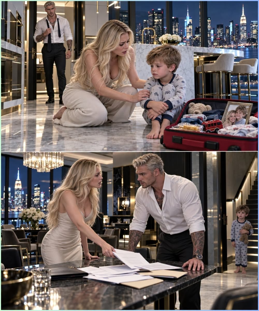 At two seventeen in the morning, Claire Rowan found four-year-old Luke Mercer sitting barefoot on the marble kitchen floor with a red suitcase packed beside him.