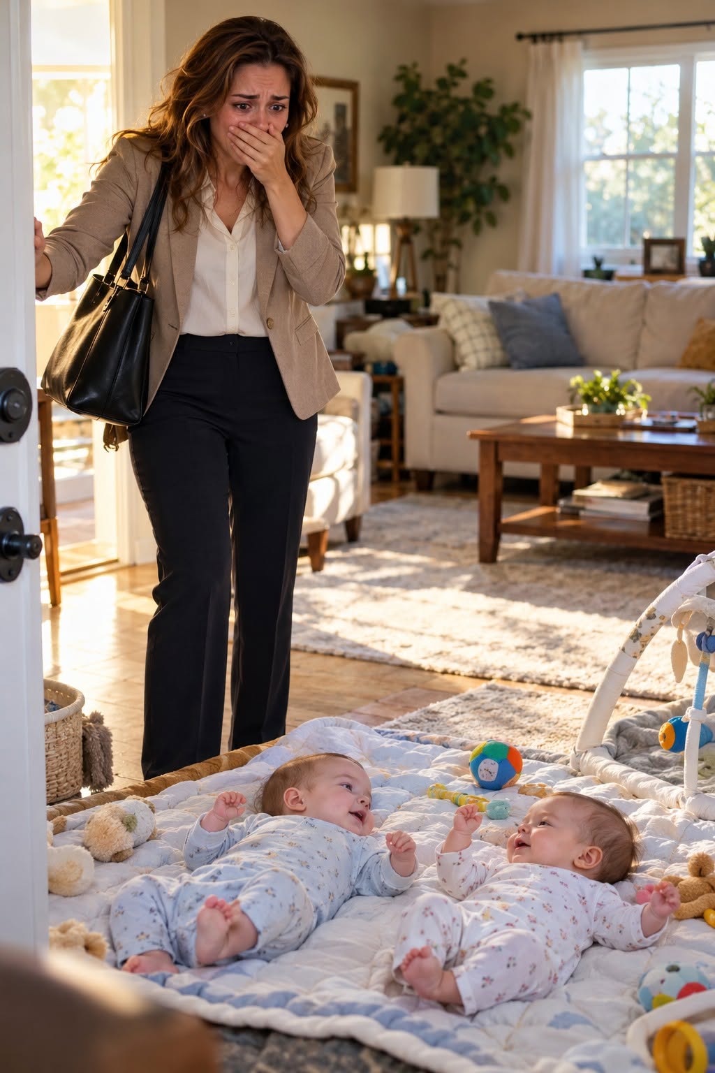 At 9:43 a.m. on my first day back at work, I checked the baby monitor and saw both of my nine-month-old twins screaming in their cribs.