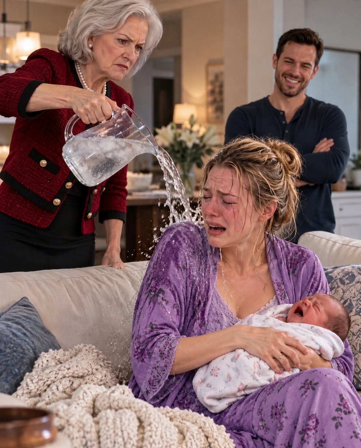 "Ten days after I gave birth, my mother-in-law poured a pitcher of cold water over me because I was too weak to cook dinner, and my husband stood there smirking. I didn’t scream. I made one phone call, and ten minutes later they were packing their belongings. Then the property manager opened a folder and said, “Ma’am, there’s something you need to know about these two.”