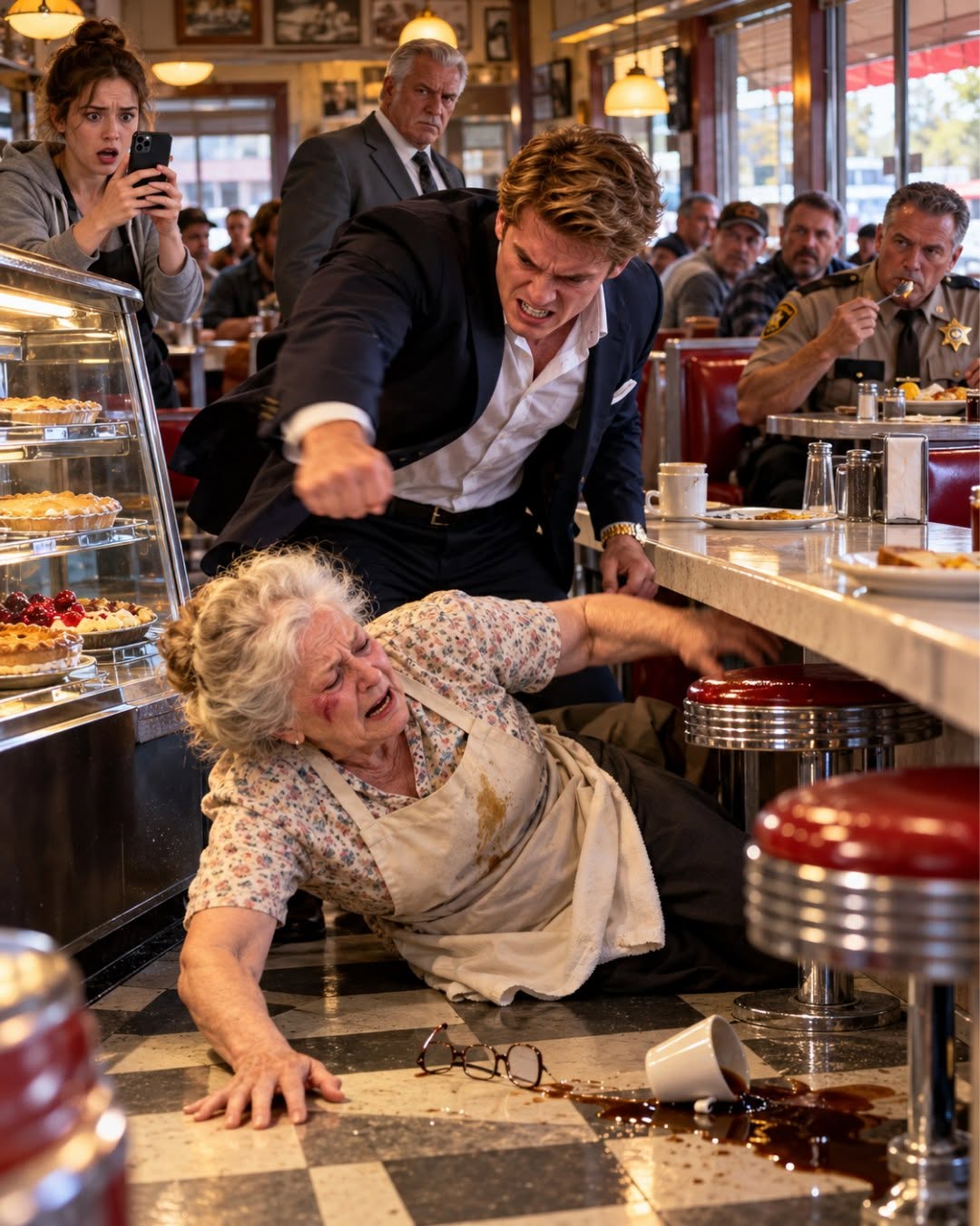 A rich man's son knocked my seventy-five-year-old mother to the floor of her own diner because she would not sell. The regulars she had fed for fifty years looked down at their plates. The sheriff called it a fall. I came home from the Army, tied on her apron, and started pouring their coffee without a word. Then the waitress showed me the rest of the video. The sheriff had not just called it a fall. He had been sitting eleven feet away, eating his eggs.