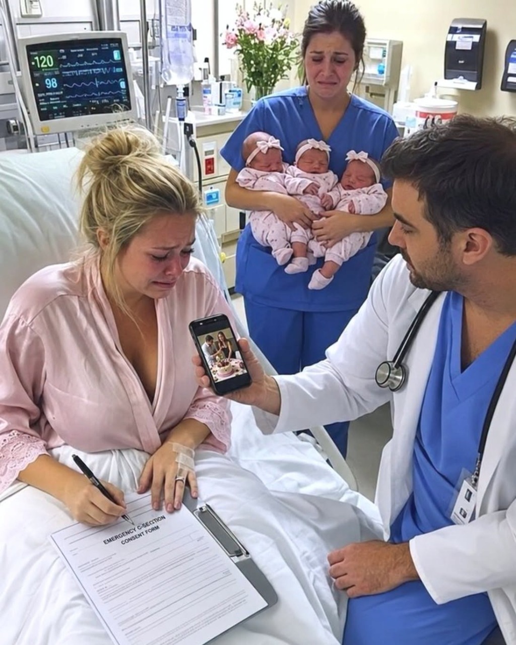 While I was signing the emergency C-section papers alone to save our unborn triplets, my husband turned off his phone to cut a cake with his first love. Four days later, he finally returned to the hospital expecting to see his wife and babies, but one quiet sentence from a nurse made him freeze and realize everything had changed...