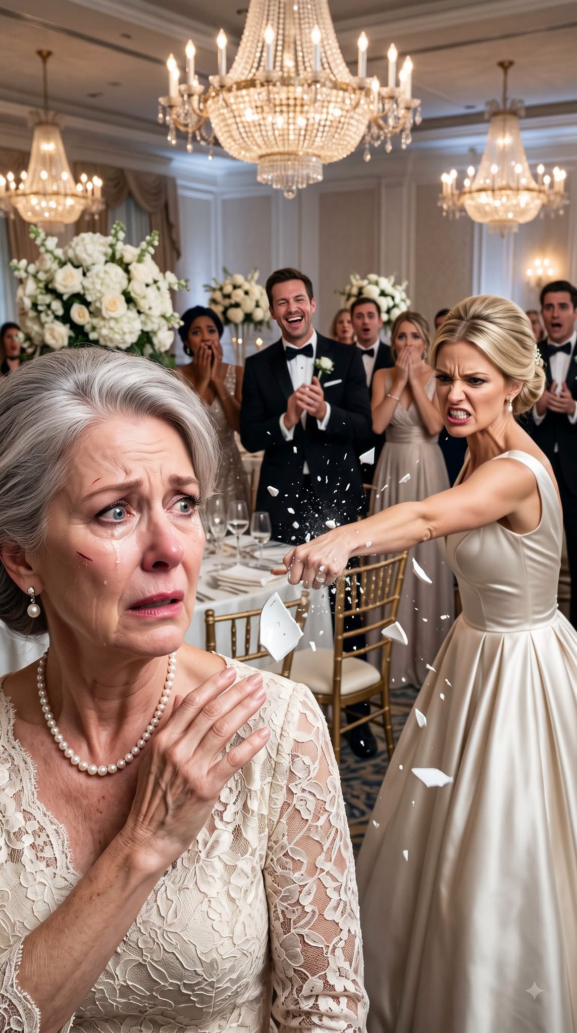 “YOU FILTHY OLD WOMAN! GET OUT OF MY WEDDING!” my daughter screamed, smashing a porcelain plate against my face. Blood ran down my cheek as her groom burst into laughter. “Security! Throw this parasite out!” he shouted. Two hundred guests watched in horror. I slowly wiped away my tears and whispered, “Sweetheart, did you forget who paid for everything?” Then I pulled out my phone and made one call that turned her groom's face deathly pale.