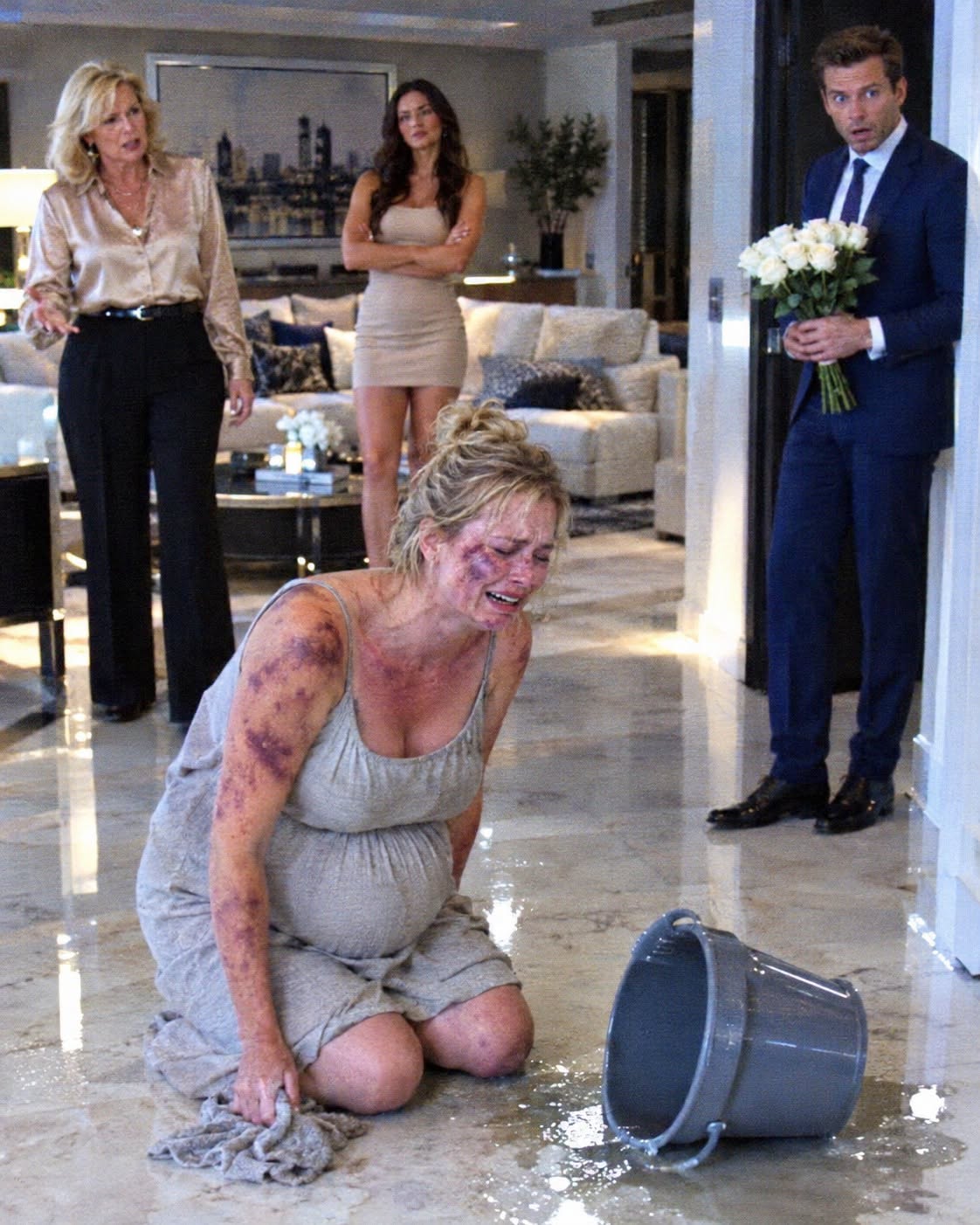 I came home early with white roses, expecting to surprise my 7-month pregnant wife. Instead, I dropped them in horror. My elite mother and a hired nurse were lounging, eating fruit, while my weeping wife scrubbed her bleeding arms with pure bleach on the floor. I didn’t yell. I locked the doors and unleashed a nightmare upon my family that…