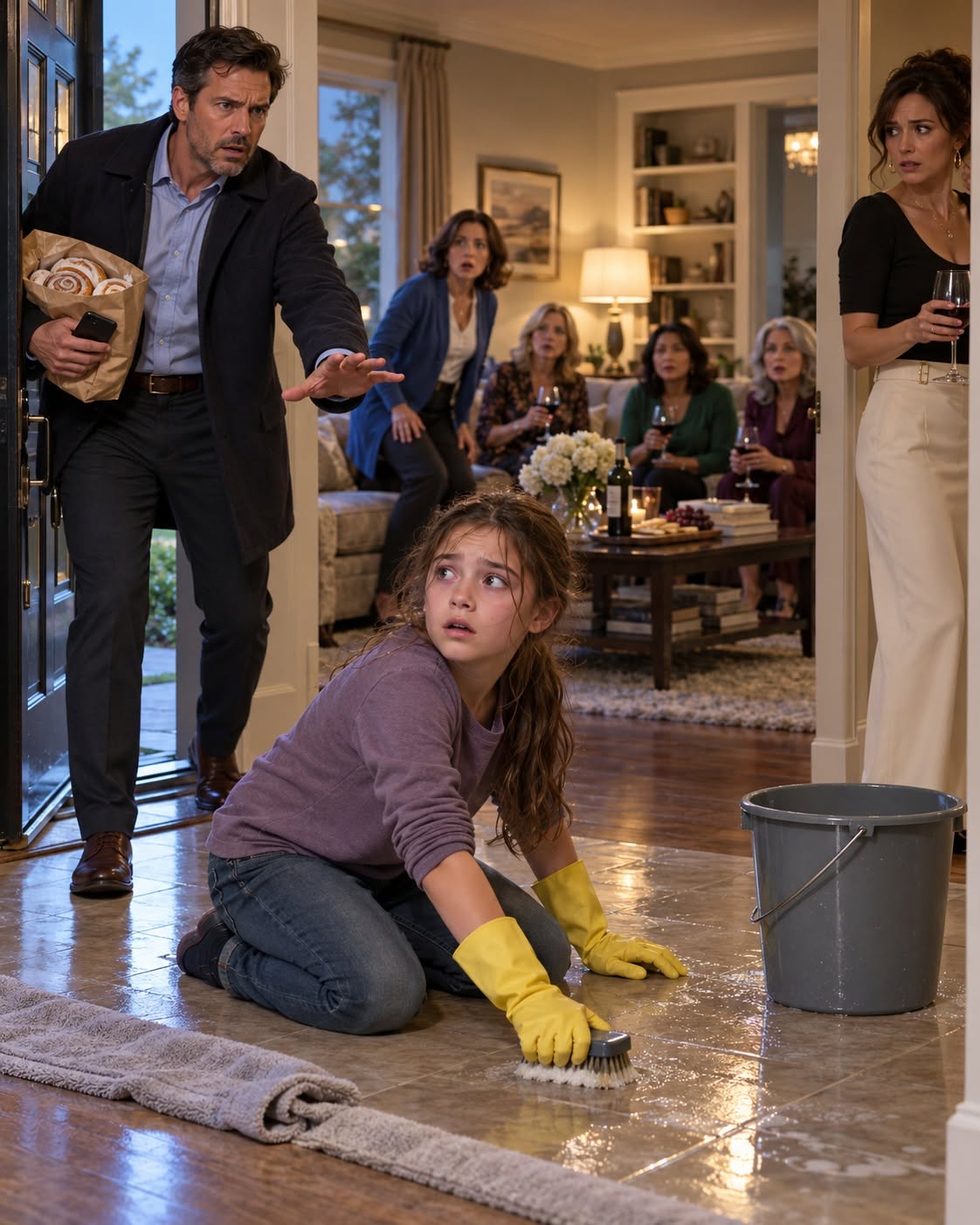 The first thing my daughter said when I came home early was, “Careful, Dad. It’s wet. I’m almost done.”