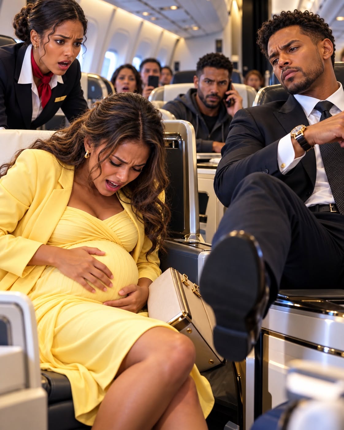 Seven months pregnant, I was sitting in first class when a billionaire CEO kicked my briefcase so hard that its metal corner slammed straight into my stomach. I doubled over in pain, desperately waiting for my baby to move, while he calmly adjusted his gold watch and said, “Maybe next time you'll remember to stay out of the way.” But when an ordinary-looking man across the aisle made one phone call, the billionaire who had just attacked me suddenly looked terrified.