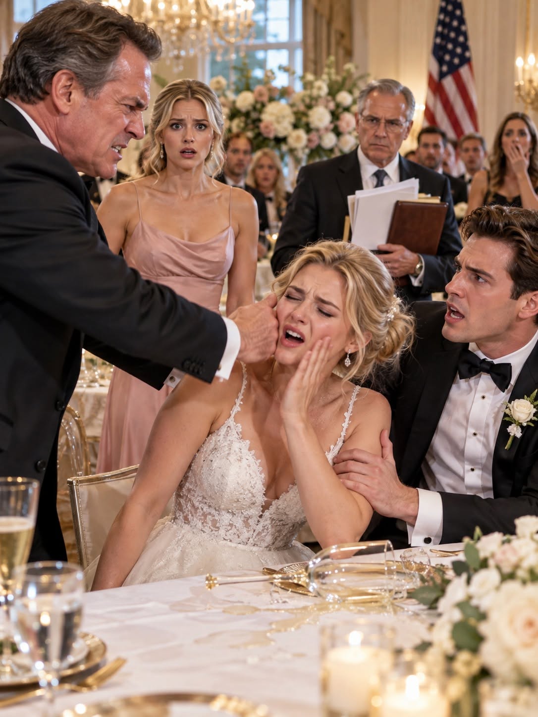 “Give your sister every wedding check!” my father snarled, then slapped me across the face at my own reception. Champagne flooded the tablecloth. The DJ stopped mid-song. One hundred twenty-six guests watched my husband shield me while my sister stood silent. Then my late grandfather’s attorney entered carrying evidence of $840,000 in suspicious trust transactions. Dad finally looked genuinely terrified....