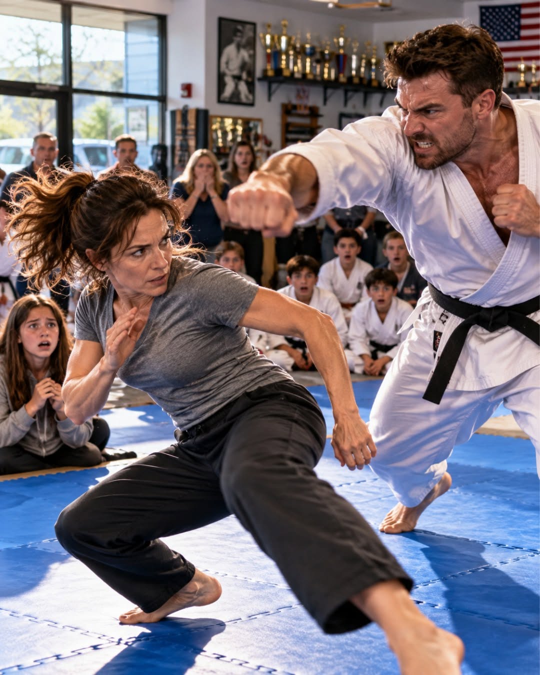 My sixteen-year-old daughter squeezed my hand in terror when her arrogant martial arts instructor pointed at me in front of the entire class and announced that he wanted a “tired suburban mom in sweatpants” to demonstrate what happened when ordinary people challenged trained fighters. I tried to walk away, but when he cornered us and demanded a fight, he awakened something I had buried for thirteen years. “Fine,” I told him quietly. “But when this is over, you apologize to your students.”