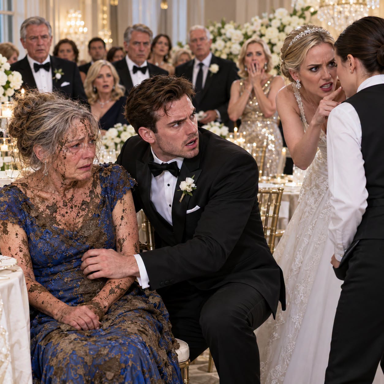 For three weeks, my bride told me my mother was too overwhelmed to attend our wedding. Then Mom walked into the reception in a mud-covered blue dress—and before I could reach her, my bride whispered to an employee who started moving toward the door.